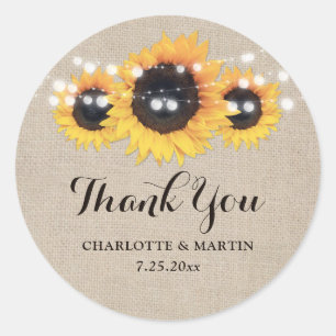 Rustic Burlap und Sonnenblumen Danke Stickers