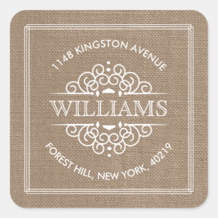 Rustic Burlap Verzierte Wirbel Custom Rücksendeadr Quadratischer Aufkleber