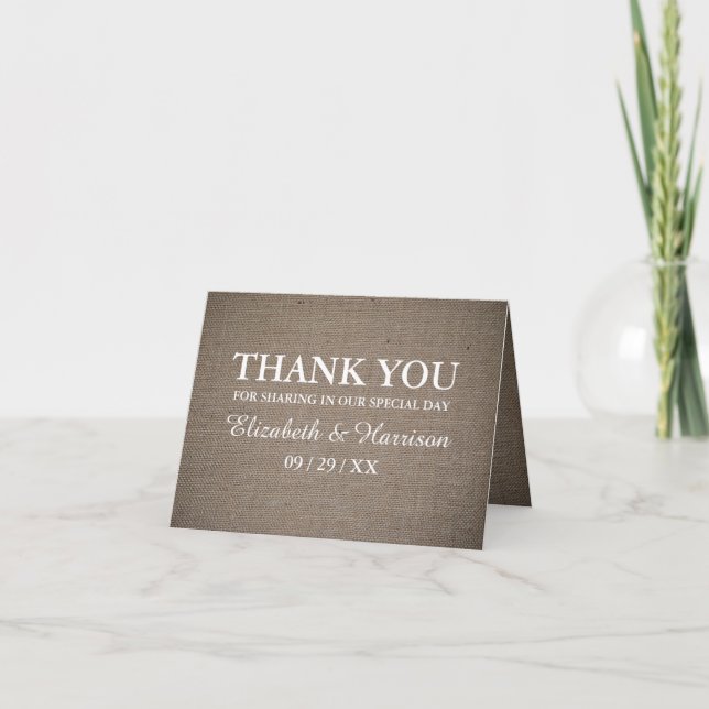 Rustic Burlap Weddig Dankeskarte (Vorderseite)