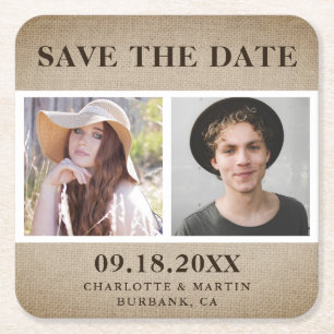 Rustic Burlap Wedding 2 Foto Save the Date Rechteckiger Pappuntersetzer