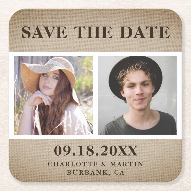 Rustic Burlap Wedding 2 Foto Save the Date Rechteckiger Pappuntersetzer (Vorderseite)
