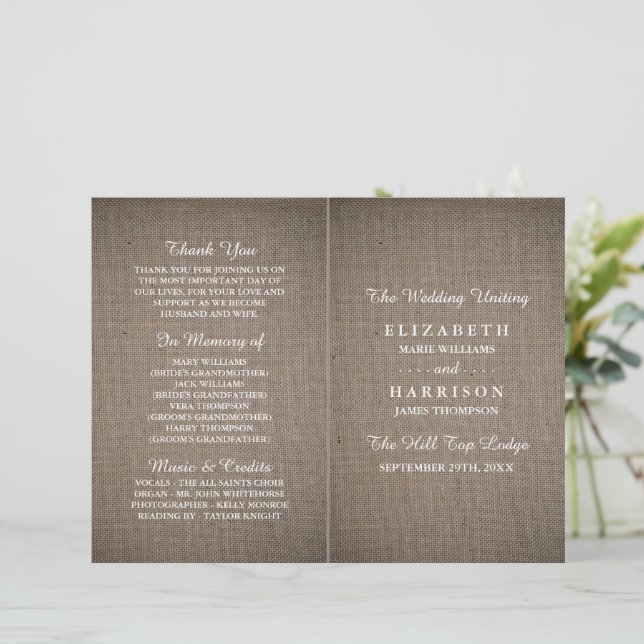 Rustic Burlap Wedding Bi-fold Programmvorlage (Stehend Vorderseite)