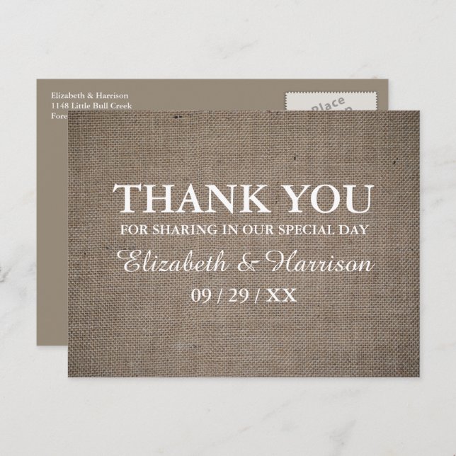 Rustic Burlap Wedding Danke Postkarte (Vorne/Hinten)