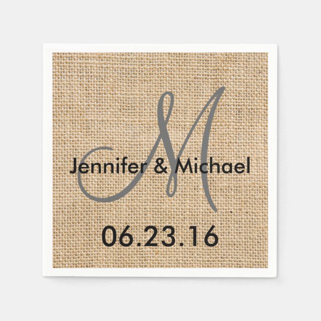 Rustic Burlap Wedding Monogram Name Date Serviette (Vorderseite)