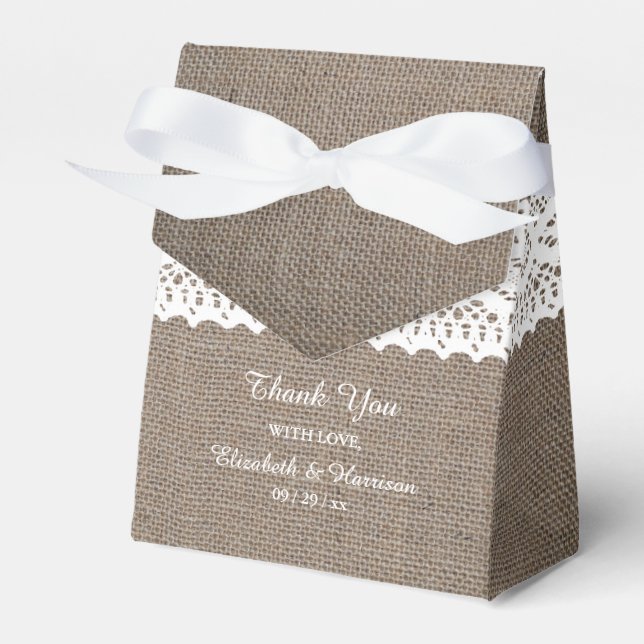 Rustic Burlap & White Lace Wedding Vielen Dank Geschenkschachtel (Vorderseite)