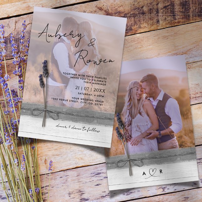 Rustic Burlap Wood Lavender Boho Foto Wedding Einladung (Von Creator hochgeladen)
