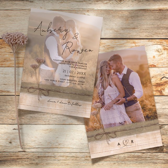 Rustic Burlap Wood Wildblume Boho Foto Wedding Einladung (Von Creator hochgeladen)
