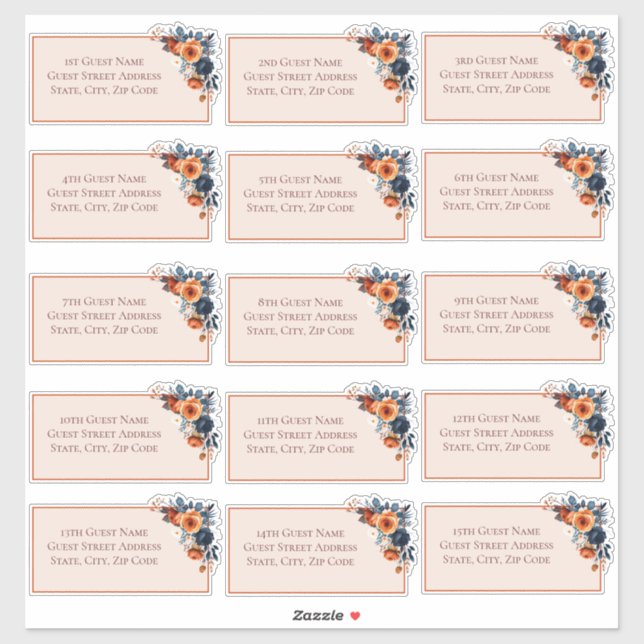 Rustic Burnt Orange & Blue Floral Wedding Gast Aufkleber (Blatt)