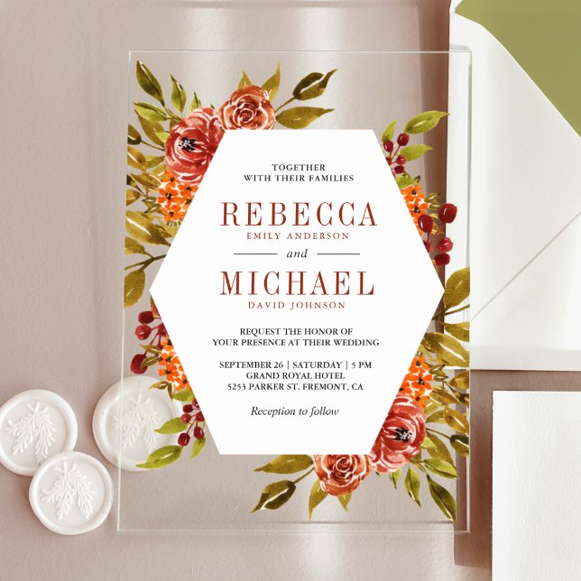 Rustic Burnt Orange Floral Autumn Fall Wedding Acryleinladungen (Von Creator hochgeladen)