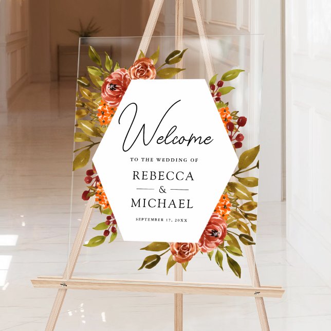 Rustic Burnt Orange Floral Wedding Welcome Acrylschild (Von Creator hochgeladen)