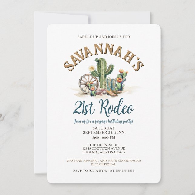 Rustic Cactus Cowgirl Rodeo Geburtstagsparty Einladung (Vorderseite)