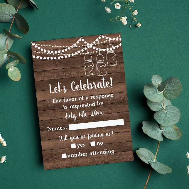 Rustic Charm Mason Jar String Lights Wedding RSVP Karte (Von Creator hochgeladen)