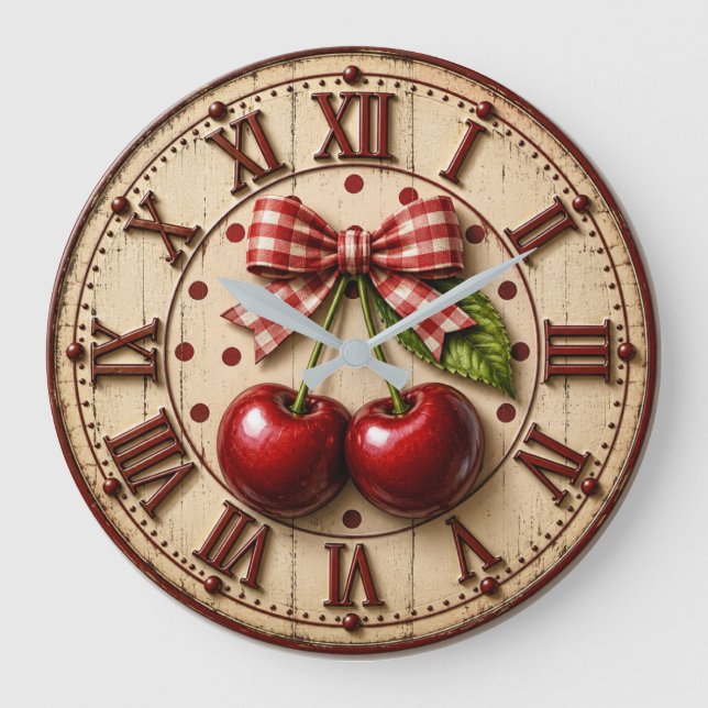 Rustic Cherry Gingham Bow  Farmhouse Kitchen Große Wanduhr (Vorderseite)