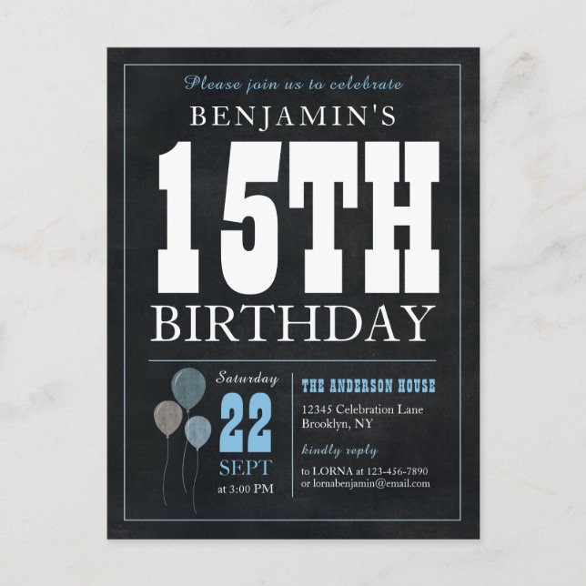 Rustic Chic Chalkboard Blue Balloon 15. Geburtstag Postkarte (Vorderseite)