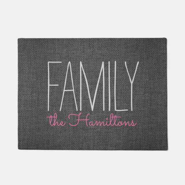 Rustic Chic Family Monogramm in DUNKGRAK UND PINK Fußmatte (Vorderseite)