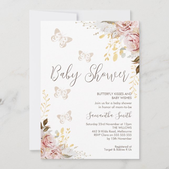 Rustic Chic Floral Butterfly Kisses Baby Dusche Einladung (Vorderseite)