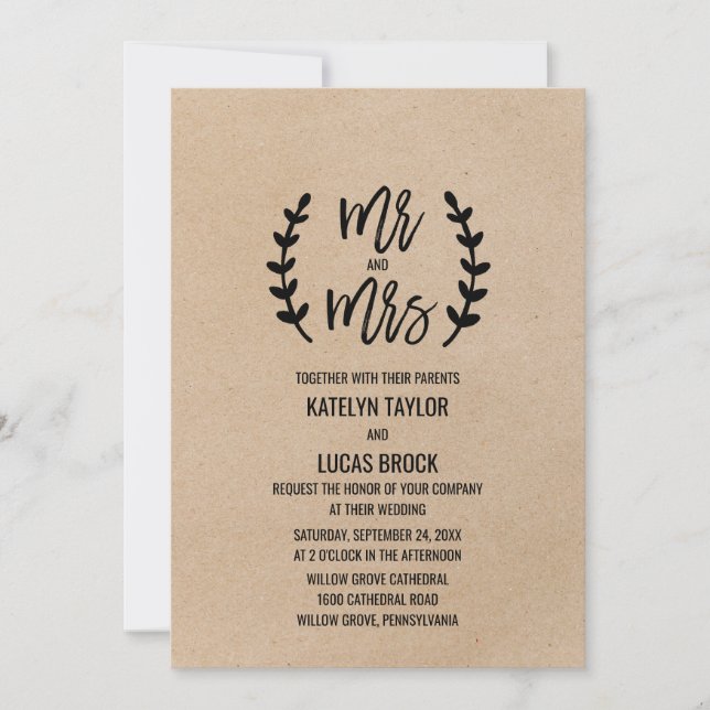 Rustic Chic Imitats Kraft Mr & Mrs. Wedding Einladung (Vorderseite)