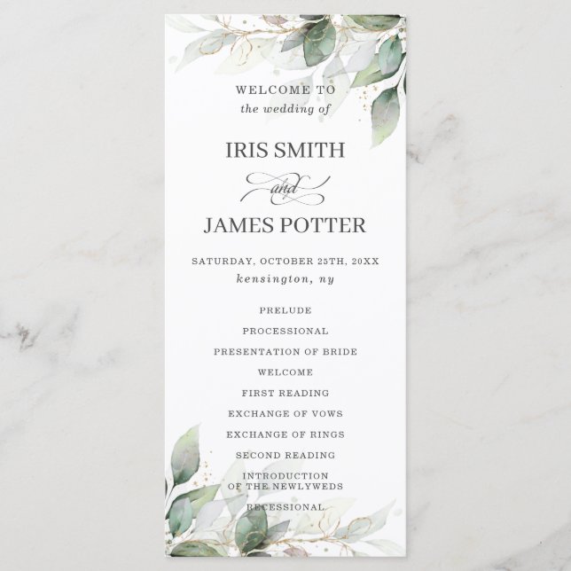 Rustic Chic Sage Greenerity Gold Wedding Programm (Vorderseite)