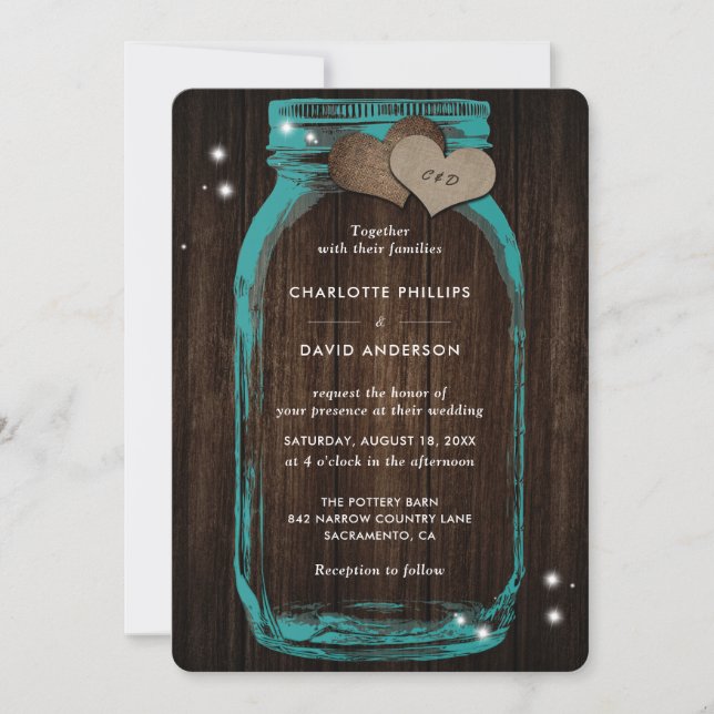 Rustic Chic Turquoise Mason Jar Faire-part de mari (Devant)