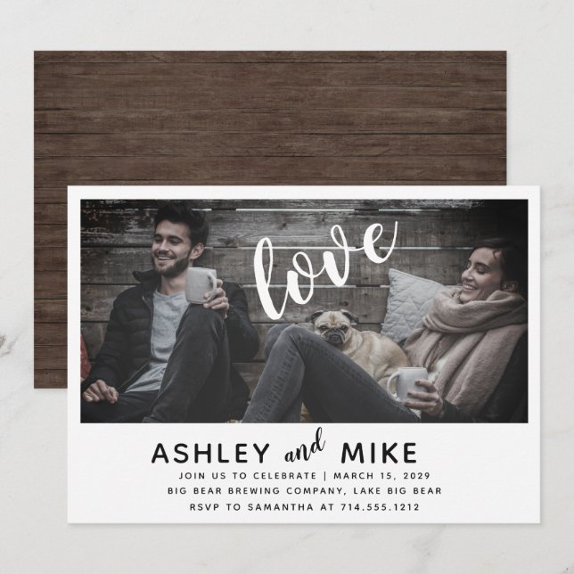Rustic Chic Wood Photo Engagement Invitation de la (Devant / Derrière)