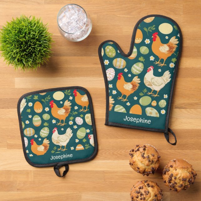 Rustic Chicken & Easter Eggs Kitchen Custom Name Ofenhandschuh & Topflappen-Set (Oben Unten)