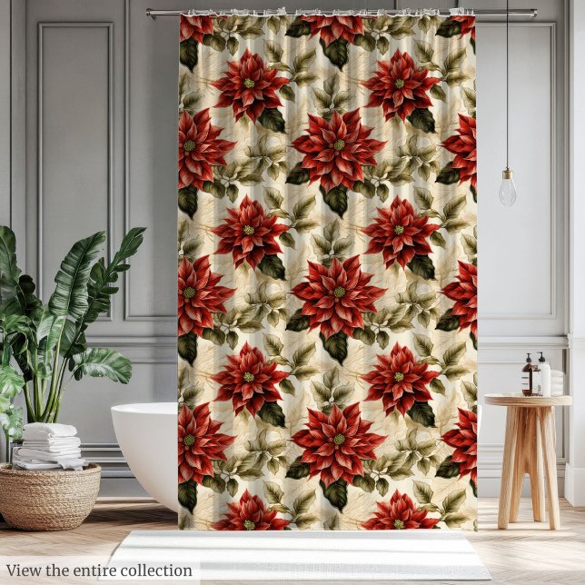 Rustic Christmas Curtain Red Vintage Poinsettia Duschvorhang (Rustic Christmas Curtain Red Vintage Poinsettia)