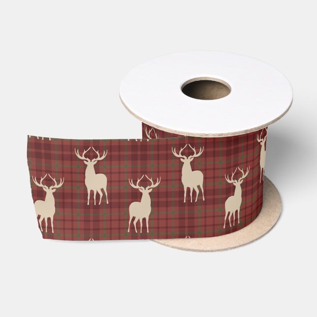 Rustic Christmas Deer Pattern Red Satin Ribbon Satinband (Spule)