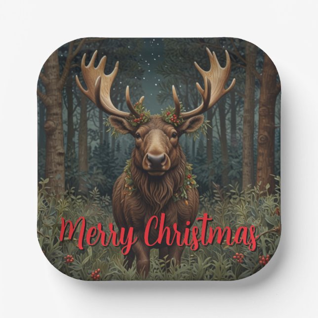 Rustic Christmas moose deer boho woodland forest  Pappteller (Vorderseite)