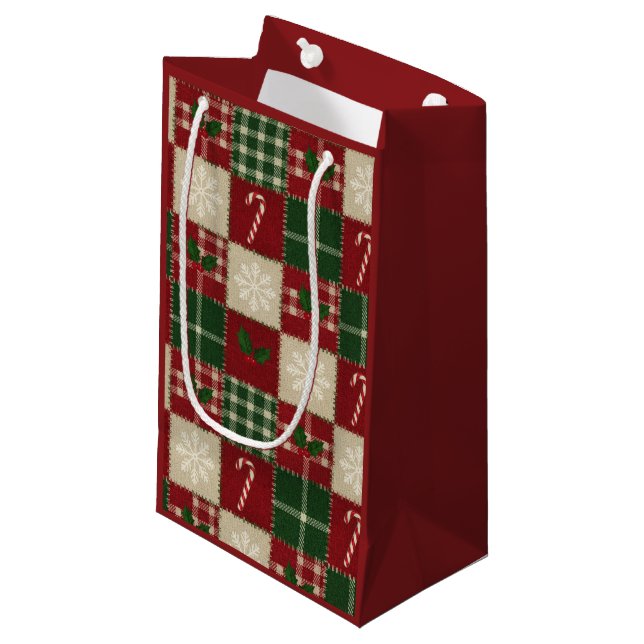Rustic Christmas Quilt Plaid Kleine Geschenktüte (Vorderseite Schrägansicht)