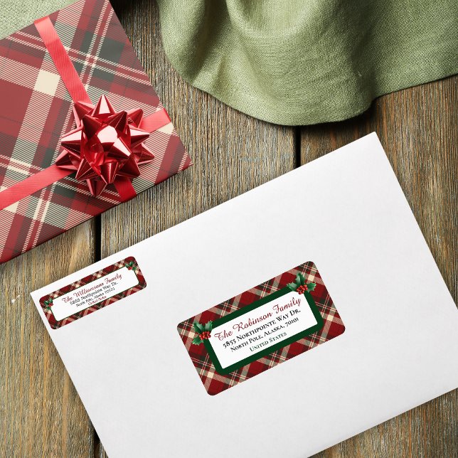 Rustic Christmas Red Green Tartan Plaid Address Adressaufkleber (Von Creator hochgeladen)