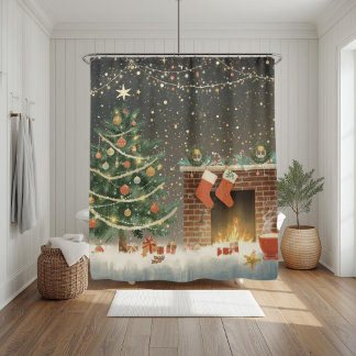 Rustic Christmas Tree and Fireplace Shower Curtain Duschvorhang