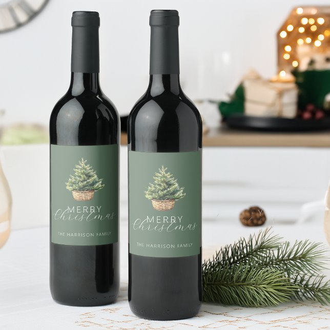 Rustic Christmas Tree In Basket Dusty Green Weinetikett (Rustic Christmas Tree In Basket Dusty Green Wine Label)