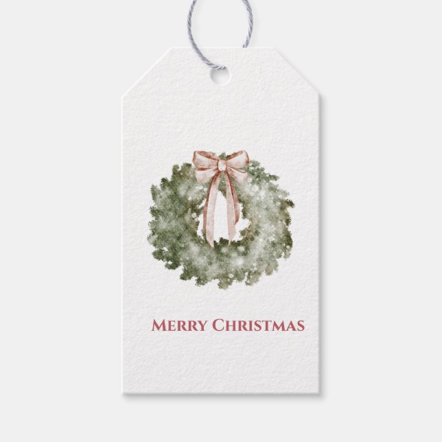 Rustic Christmas Watercolor Wreath and Bow Geschenkanhänger (Vorderseite)
