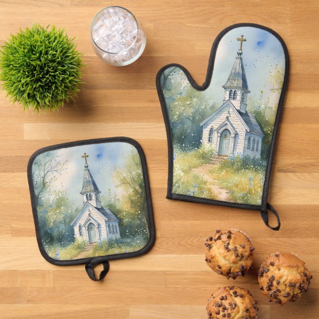 Rustic Church Path in Wildflower Meadow Ofenhandschuh & Topflappen-Set (Oben Unten)