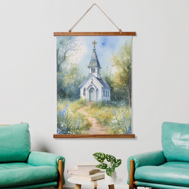 Rustic Church Path in Wildflower Meadow Wandteppich Mit Holzrahmen (Wohnzimmer)