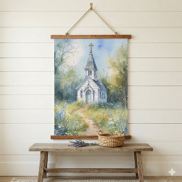 Rustic Church Path in Wildflower Meadow Wandteppich Mit Holzrahmen