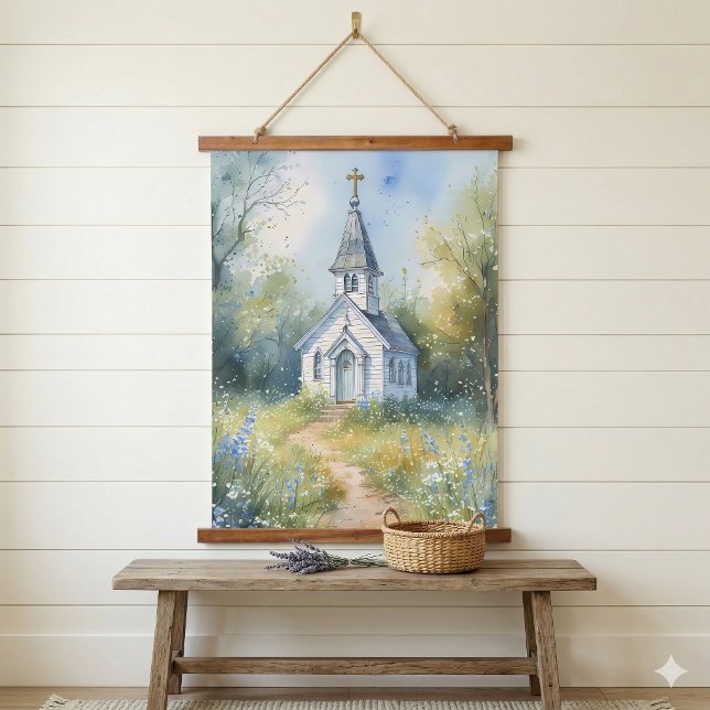 Rustic Church Path in Wildflower Meadow Wandteppich Mit Holzrahmen (Rustic Church Path in Wildflower Meadow Hanging Tapestry Over Entry Table)