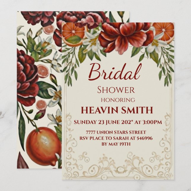 Rustic Citrus and Burugundi Floral Bridal Shower Einladung (Vorne/Hinten)