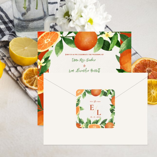 Rustic Citrus Monogram Wedding Favor Quadratischer Aufkleber (With Love From – Rustic Citrus Wedding Favor Square Sticker)