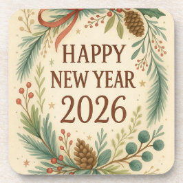 rustic coaster set for happy new year 2026 getränkeuntersetzer