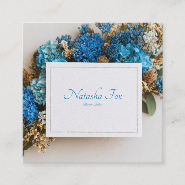 Rustic Cobalt Blue Floral Gold Frame Dried Flower Quadratische Visitenkarte (Vorderseite)