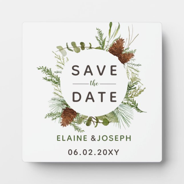 Rustic Conifer Pine cone wedding Save the Date Fotoplatte (Vorderseite)