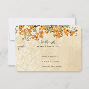 Rustic Coral Orange Spring Blossom Wedding RSVP Karte