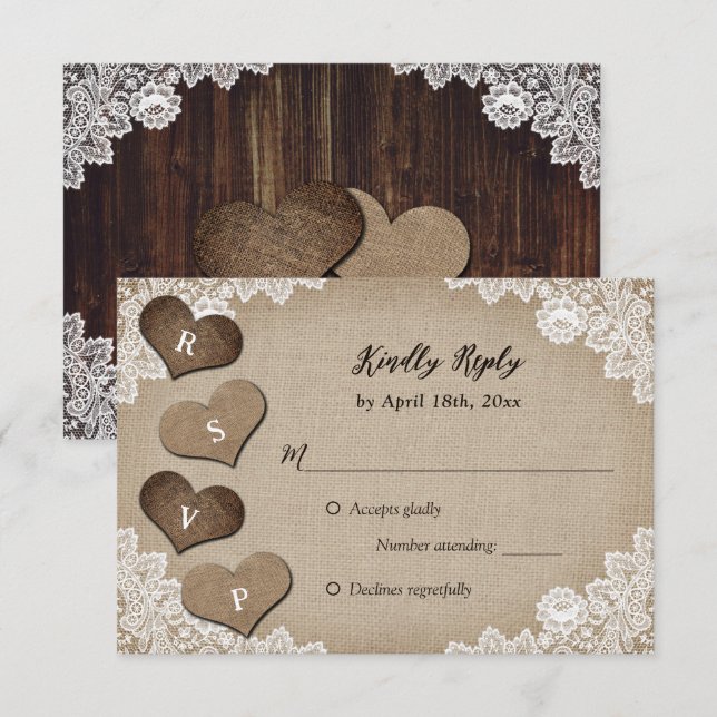 Rustic Country Bois Burlap Dentelle mariage RSVP (Devant / Derrière)