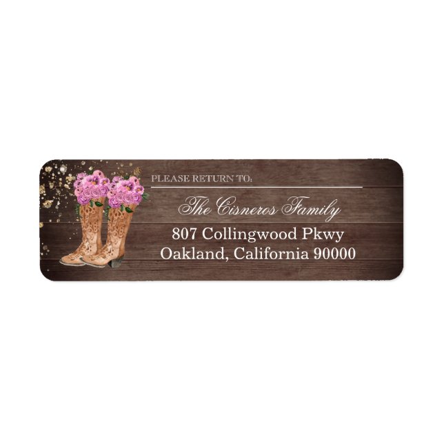 Rustic Country Boots Pink Roses Adressetikett (Vorne)