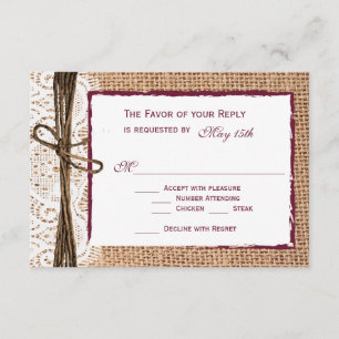 Rustic Country Burlap Cranberry Wedding RSVP Cards Karte