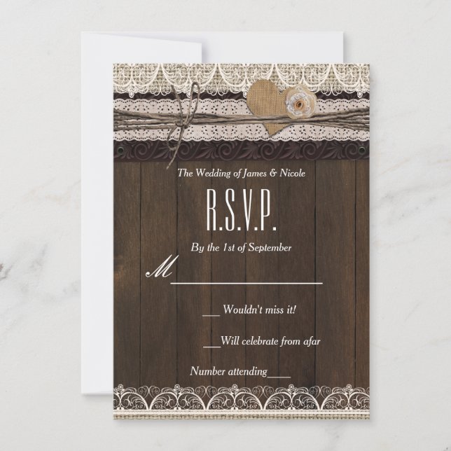 Rustic Country Burlap Dentelle & Bois carte RSVP (Devant)