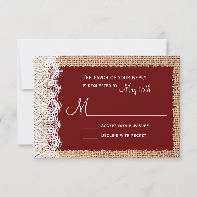 Rustic Country Burlap dentelle rouge mariage RSVP (Devant)