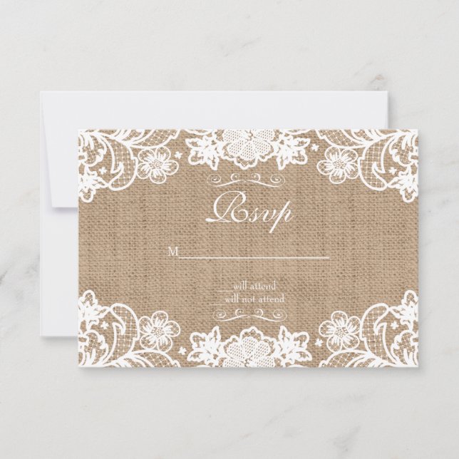 Rustic Country Burlap Lace Wedding RSVP Karte (Vorderseite)