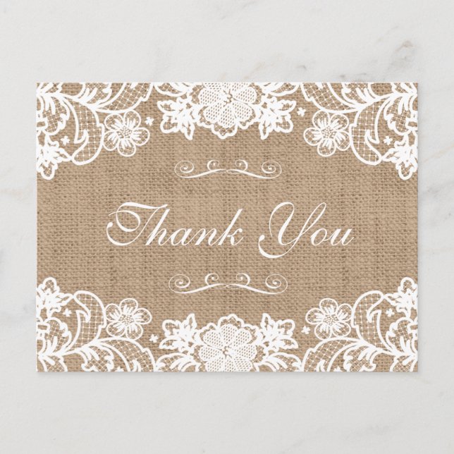 Rustic Country Burlap Lace Wedding Vielen Dank Postkarte (Vorderseite)